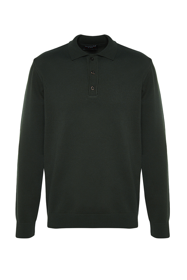 Koyu Yeşil Regular Fit Polo Yaka Basic Triko Kazak TMNAW24KZ00067 - 6