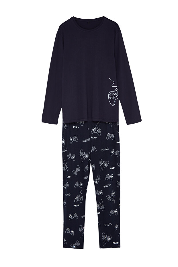 Lacivert Regular Fit Baskılı Örme %100 Pamuk Pijama Takımı TMNAW24PT00012 - 6