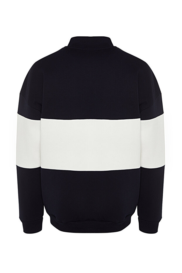 Lacivert Oversize/Geniş Kesim Dik Yaka Renk Bloklu İçi Polar/Sıcak Tutan Sweatshirt TMNAW24SW00160 - 8