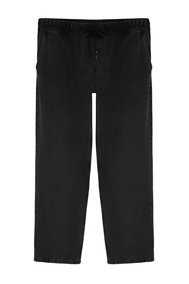 Siyah %100 Pamuk Regular Fit Beli Lastikli Jeans Bol Kot Pantolon TMNAW24JE00025 - 7