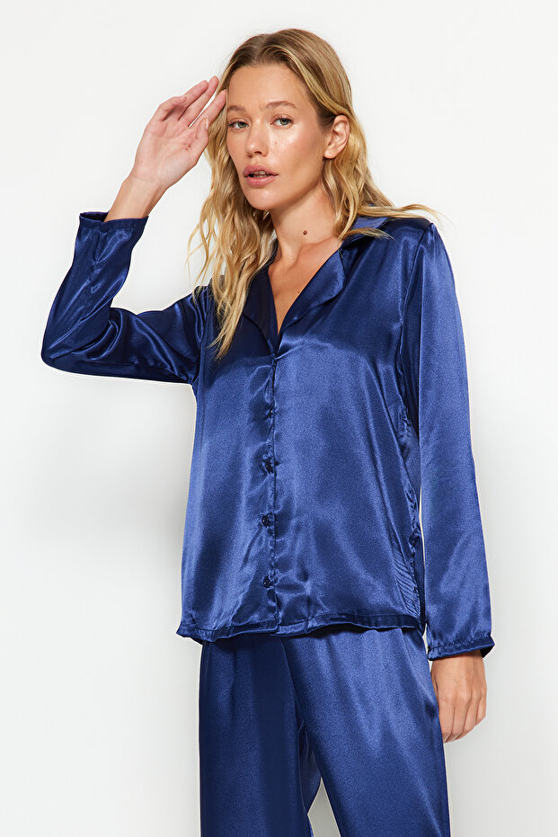 Lacivert Saten Gömlek-Pantolon Dokuma Pijama Takımı THMAW24PT00026 - 3