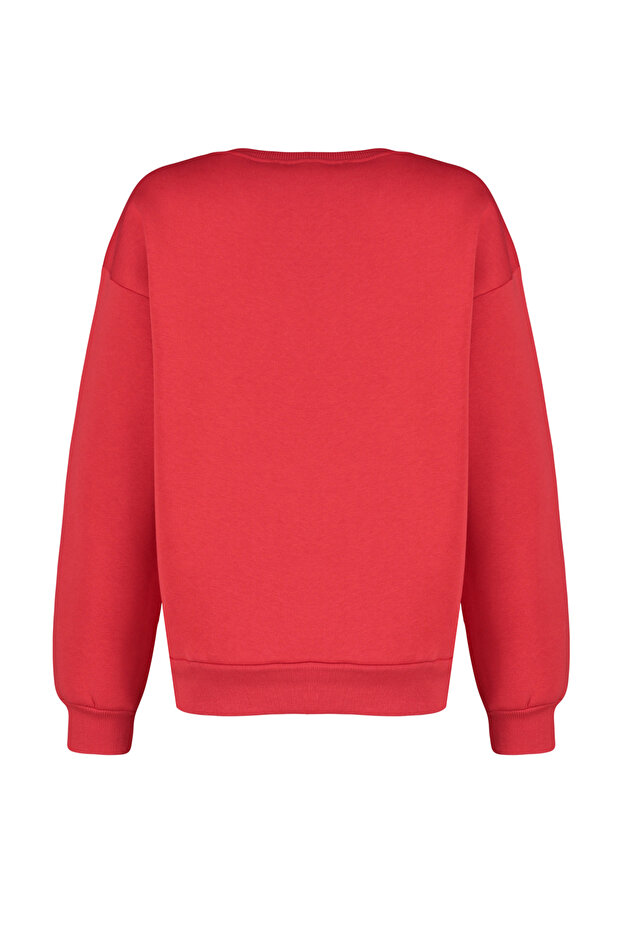 Kırmızı Oversize/Rahat Kesim Basic Bisiklet Yaka Kalın/İçi polarlı Örme Sweatshirt TWOAW24SW00102 - 10