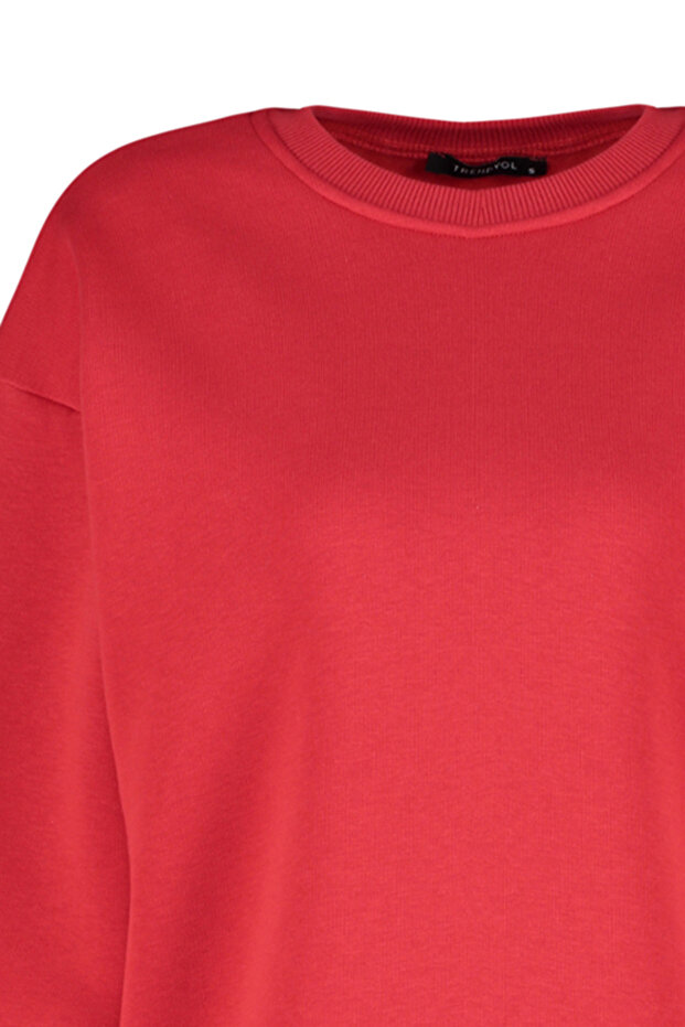 Kırmızı Oversize/Rahat Kesim Basic Bisiklet Yaka Kalın/İçi polarlı Örme Sweatshirt TWOAW24SW00102 - 9