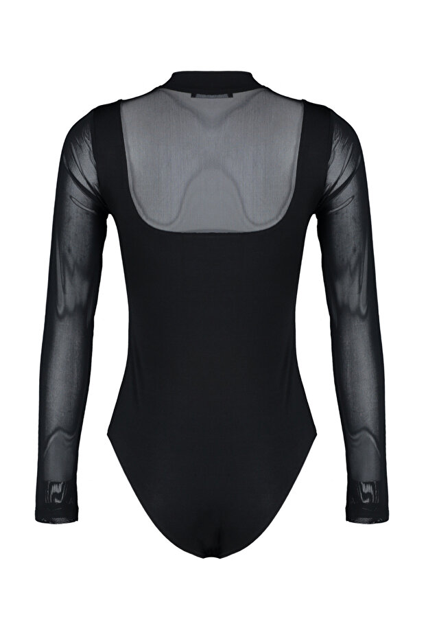 Czarny, dopasowany, tiulowy, długi rękaw, stójka, dół, elastyczny, dzianinowy body zapinany na zatrzaski TWOAW24BD00049 - 8