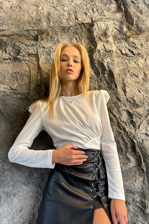 Women's White Crew Neck Princess Crepe Knitted Blouse with Sleeve Front Gather Detail ALC-X10906