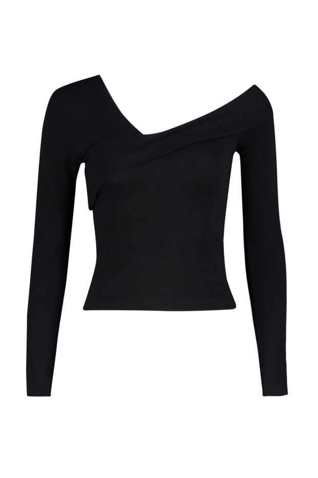 Siyah Pamuklu Esnek Volanlı Fitted/Vücuda Oturan Crop Örme Bluz TWOAW24BZ00161 - 7