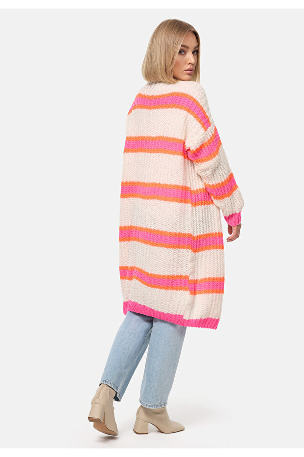 Damen Longstrickjacke Gestreift Bunte Kuschelige Strickjacke Hırka, Einheitsgröße PM02 - 5