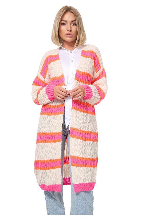 Damen Longstrickjacke Gestreift Bunte Kuschelige Strickjacke Hırka, Einheitsgröße PM02 - 1