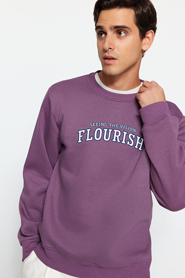 Lila Regular/Normal Kesim Yazı Baskılı İçi Polar/Sıcak Tutan Sweatshirt TMNAW24SW00188 - 2