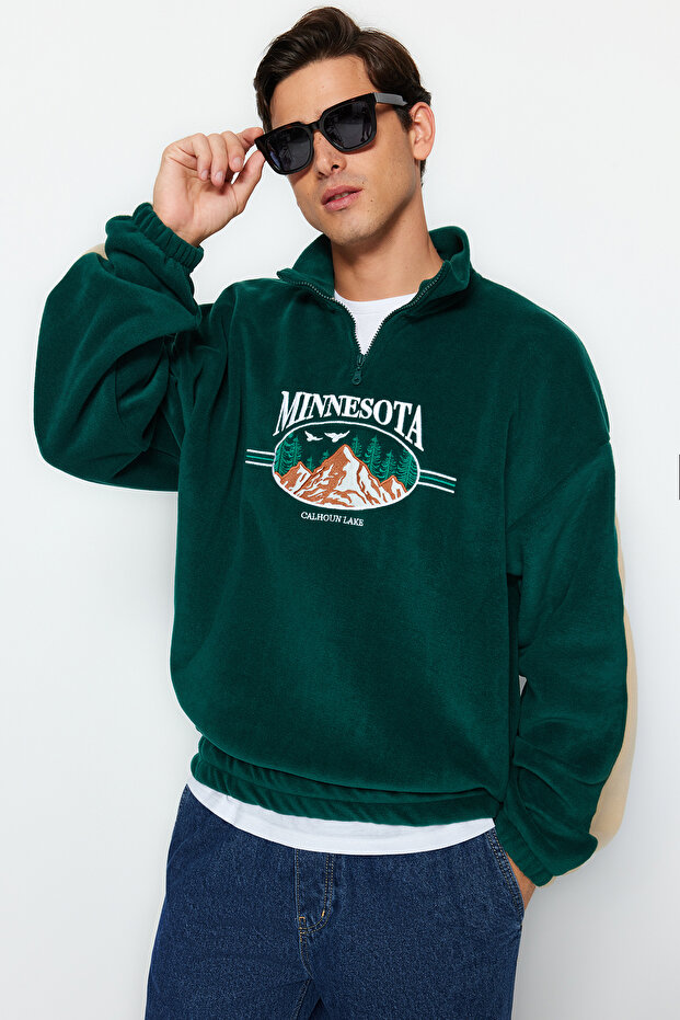 Zümrüt Yeşili Unisex Oversize/Geniş Kesim Dik Yaka Anti-pilling Polar Sweatshirt TMNAW24SW00034 - 5