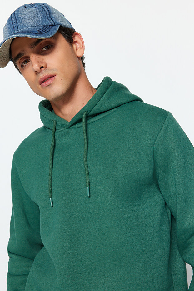 Yeşil Regular/Normal Kesim Kapüşonlu İçi Polar/Sıcak Tutan Pamuk Sweatshirt TMNAW24SW00121 - 2