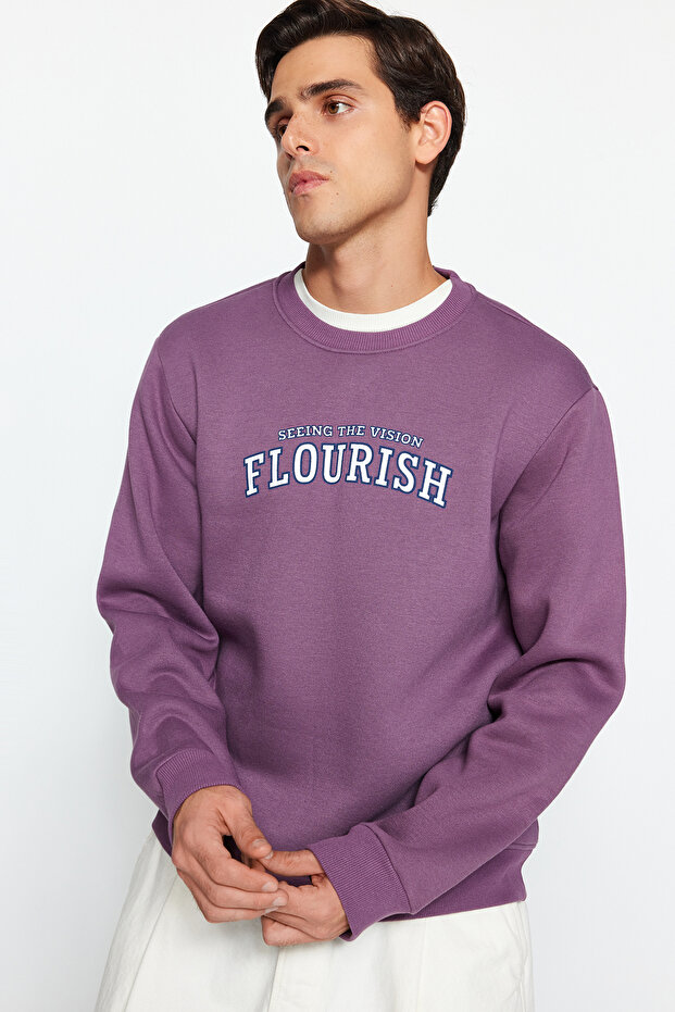 Lila Regular/Normal Kesim Yazı Baskılı İçi Polar/Sıcak Tutan Sweatshirt TMNAW24SW00188 - 1