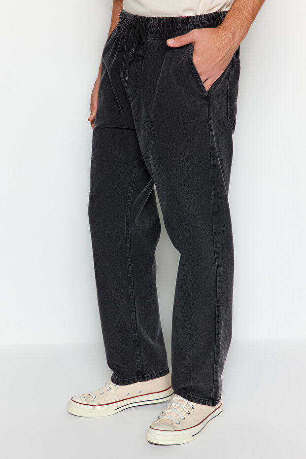 Siyah %100 Pamuk Regular Fit Beli Lastikli Jeans Bol Kot Pantolon TMNAW24JE00025 - 1