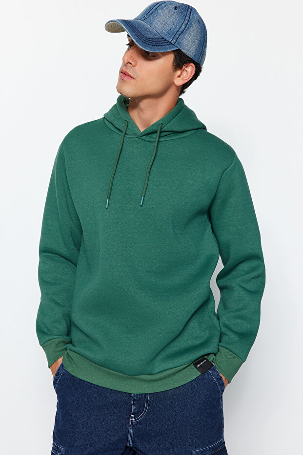 Yeşil Regular/Normal Kesim Kapüşonlu İçi Polar/Sıcak Tutan Pamuk Sweatshirt TMNAW24SW00121 - 1