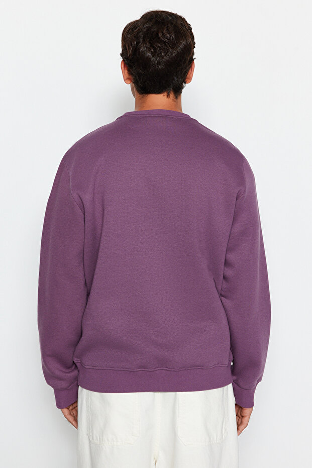 Lila Regular/Normal Kesim Yazı Baskılı İçi Polar/Sıcak Tutan Sweatshirt TMNAW24SW00188 - 4