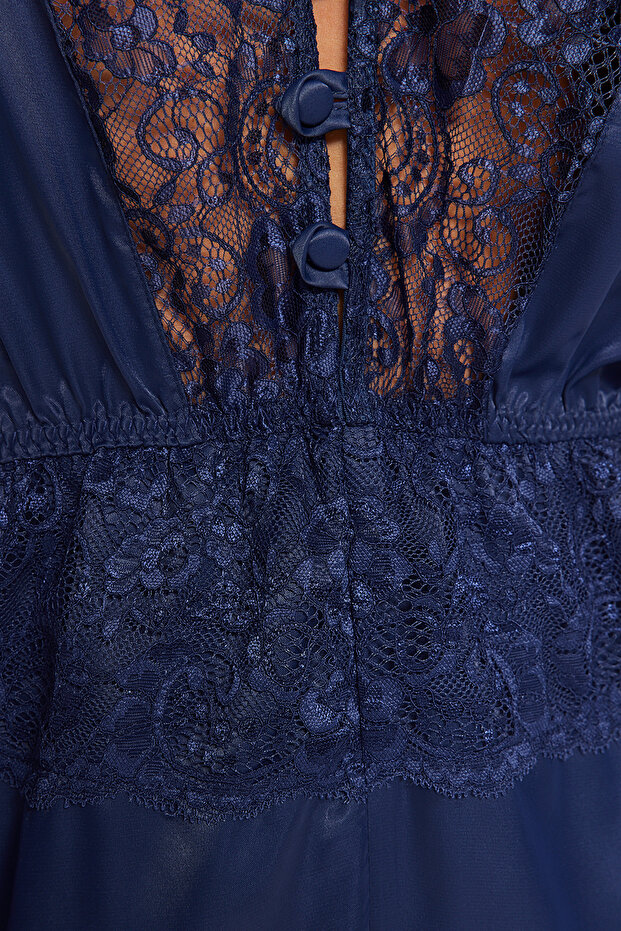 Lacivert Saten Dantelli İp Askılı Babydoll/Fantezi Gecelik THMAW24CY00000 - 4