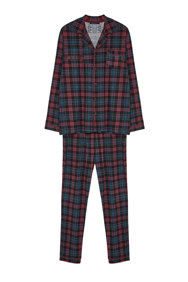 Lacivert Regular Fit Ekose Örme %100 Pamuk Pijama Takımı TMNAW24PT00026 - 7