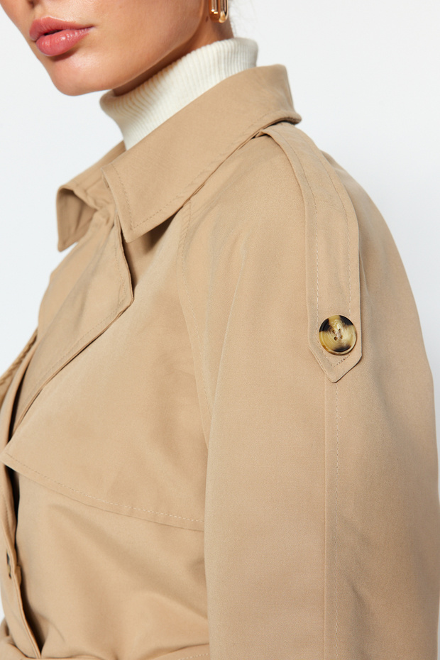Bej Oversize Geniş Kesim Kemerli Trençkot TWOAW24TR00011 - 9
