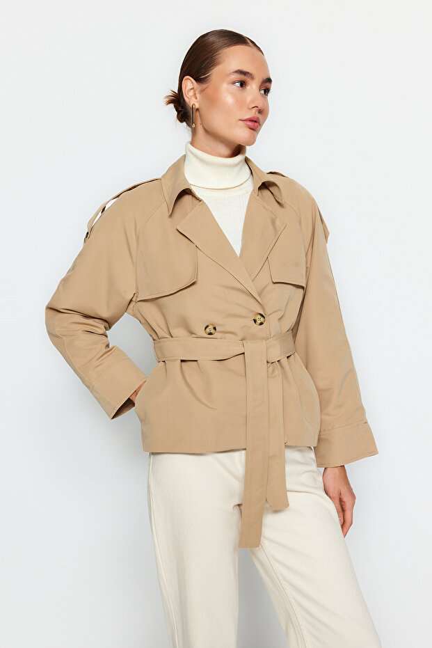 Bej Oversize Geniş Kesim Kemerli Trençkot TWOAW24TR00011 - 6