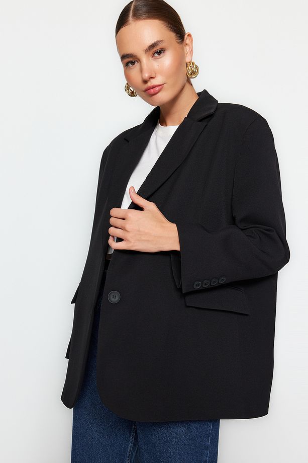Siyah Dokuma Ekstra Oversize Blazer Ceket TWOAW24BC00107 - 4
