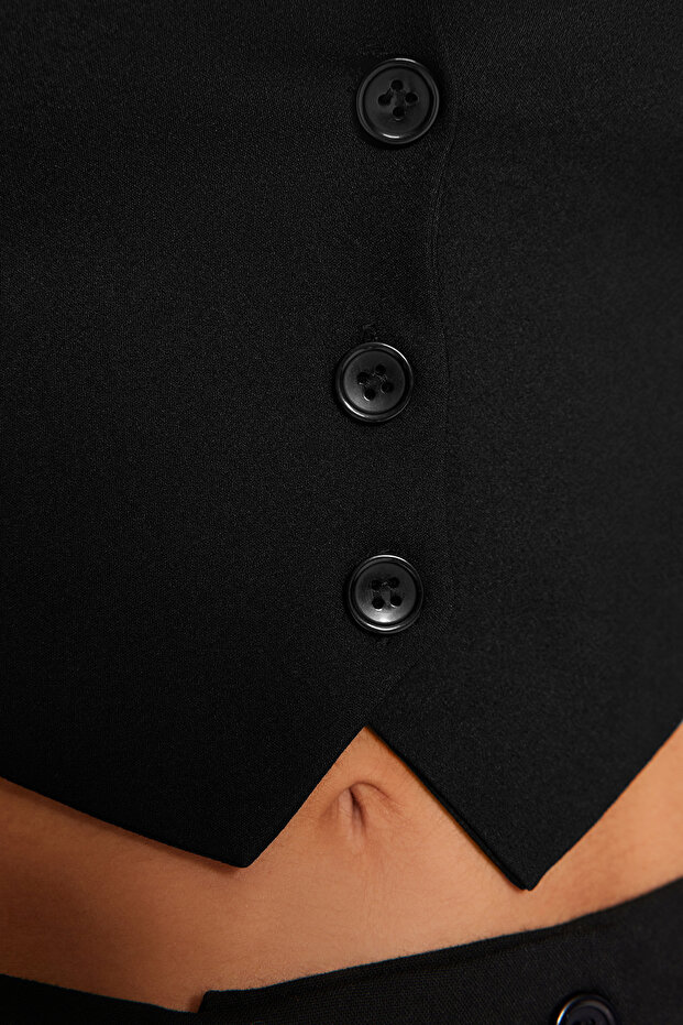 Siyah Straplez Düğme Detaylı Crop Dokuma Bluz TWOAW24BZ00421 - 11