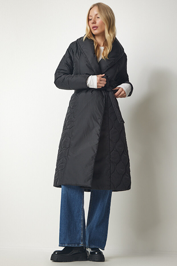 Women's Black Belted Shawl Collar Quilted Coat dz00089