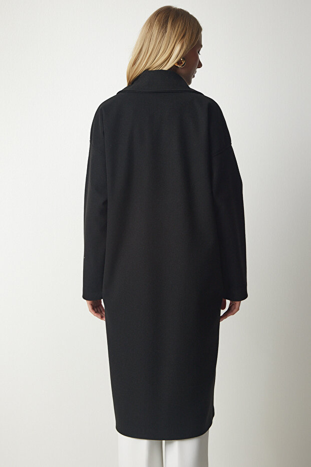 Woman's Black Double-breasted Collar Oversize Eyebrow Coat mx00138 - 7