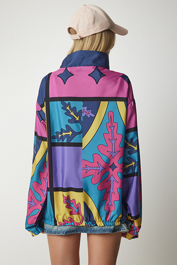 Women's Pink Yellow Patterned Oversize Raincoat EW00003 - 8