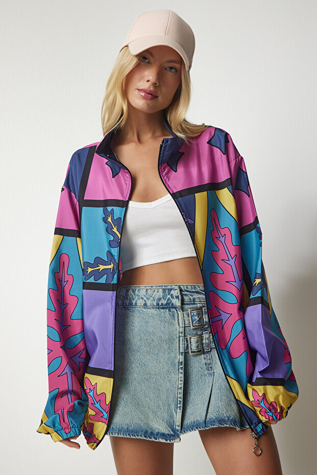 Women's Pink Yellow Patterned Oversize Raincoat EW00003 - 5