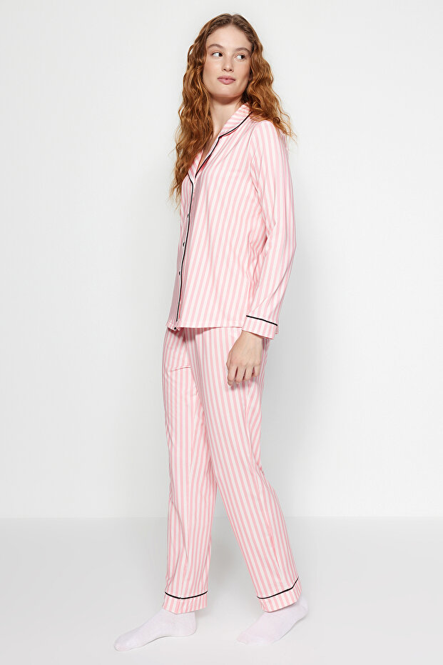 Pembe Çizgi Desenli Biyeli İçi Polarlı Gömlek-Pantolon Örme Pijama Takımı THMAW24PT00050 - 6