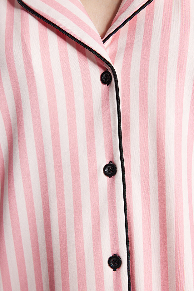 Pembe Çizgi Desenli Biyeli İçi Polarlı Gömlek-Pantolon Örme Pijama Takımı THMAW24PT00050 - 7