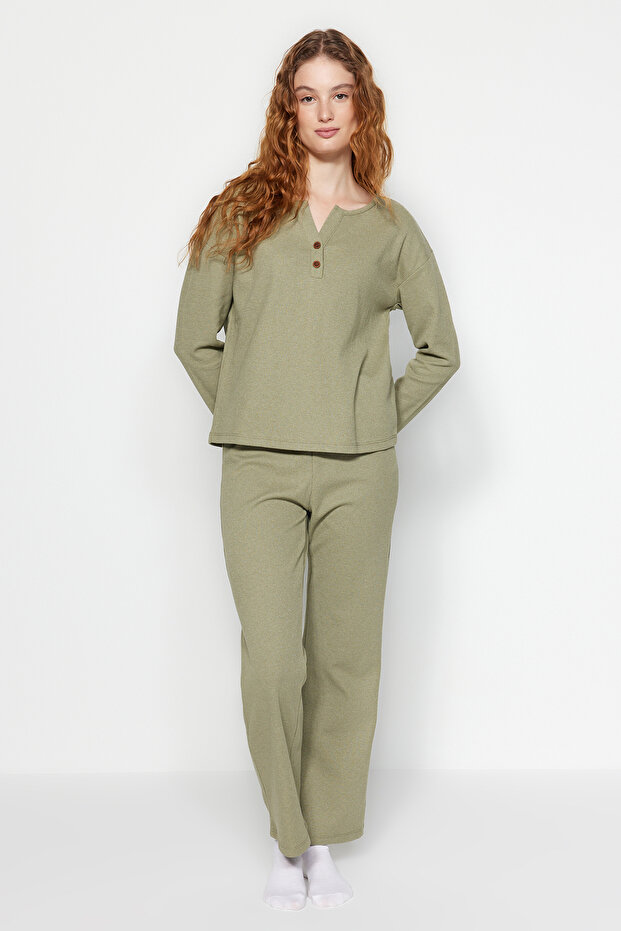 Yeşil Waffle Tshirt-Pantolon Örme Pijama Takımı THMAW24PT00126 - 2