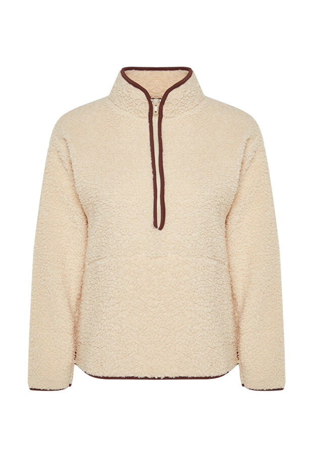 Ekru Peluş Örme Spor Sweatshirt THMAW23SW00021 - 7