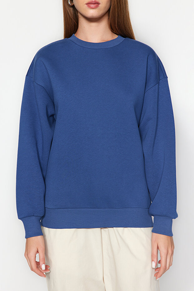 Indigo Kalın İçi Polarlı Regular/Normal Kalıp Bisiklet Yaka Basic Örme Sweatshirt TWOAW24SW00101 - 5