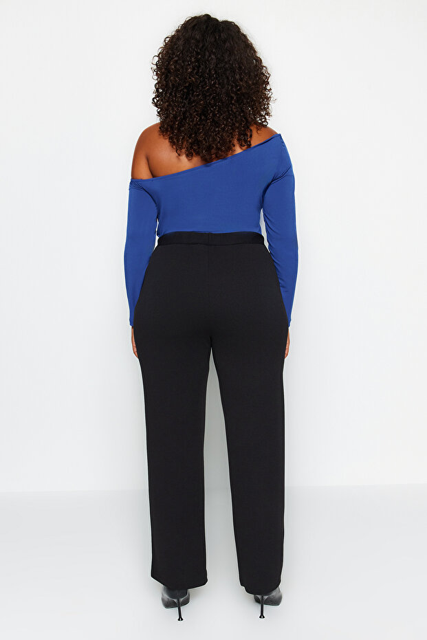 Siyah Straight Fit Yüksek Bel Krep Örme Büyük Beden Pantolon TBBAW24AR00008 - 7