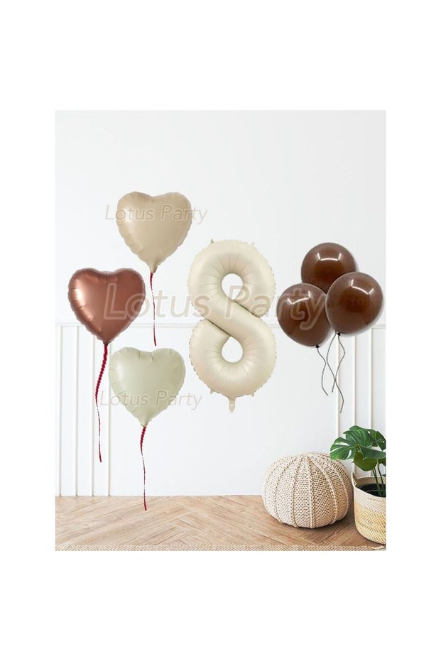 8 Years Old Bohemian Mini Birthday Set Nude Cream Color Brown Heart - Cream Color Foil Number Balloon