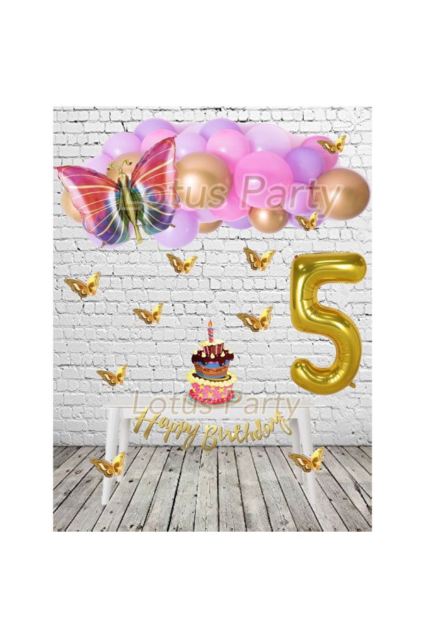 5 Year Old Multicolored Butterfly Party Set - Colorful Butterfly Foil Balloon - Gold Butterfly - Gold Number