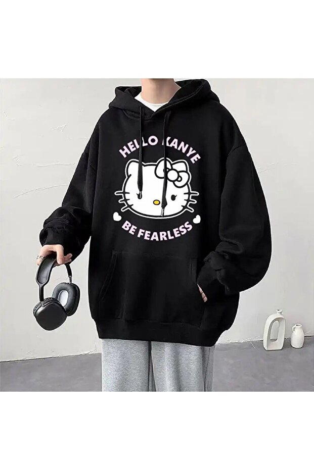Hello Kanye Be Fearless Printed Oversize Thick Fabric Black Unisex Hooded Sweatshirt - Favorim50ton
