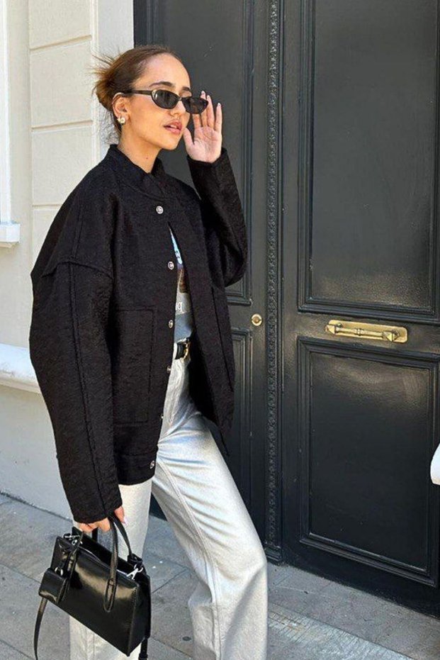 women's oversize snap fastening pocket detail loose fit wool stamp appearance thick jacket coat