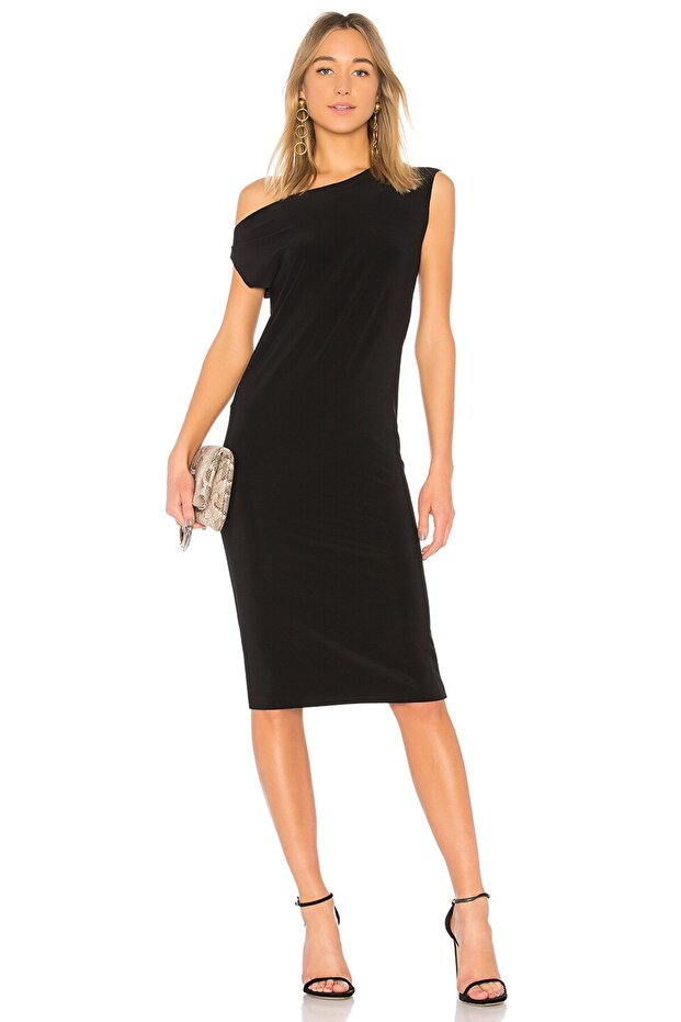 WOMEN'S BLACK ASYMMETRICAL COLLAR JERSEY MIDI DRESS