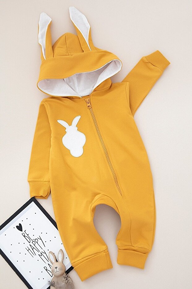 Unisex Rabbit Patterned Hooded Baby Jumpsuit