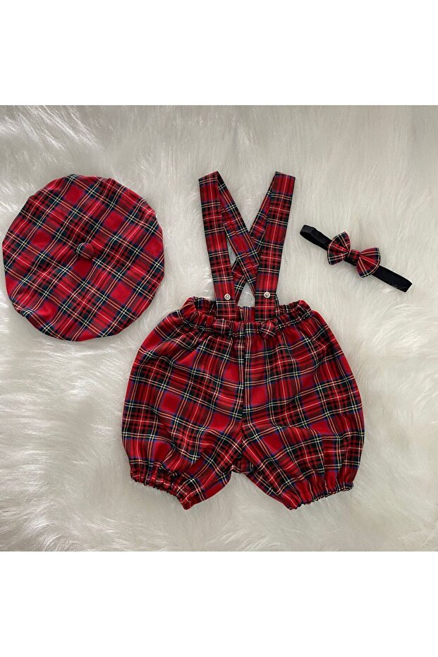RED PLAIDED CHILDREN'S STRAP SHORTS SALOPET & RESSAM HAT & BOW TIE SET-