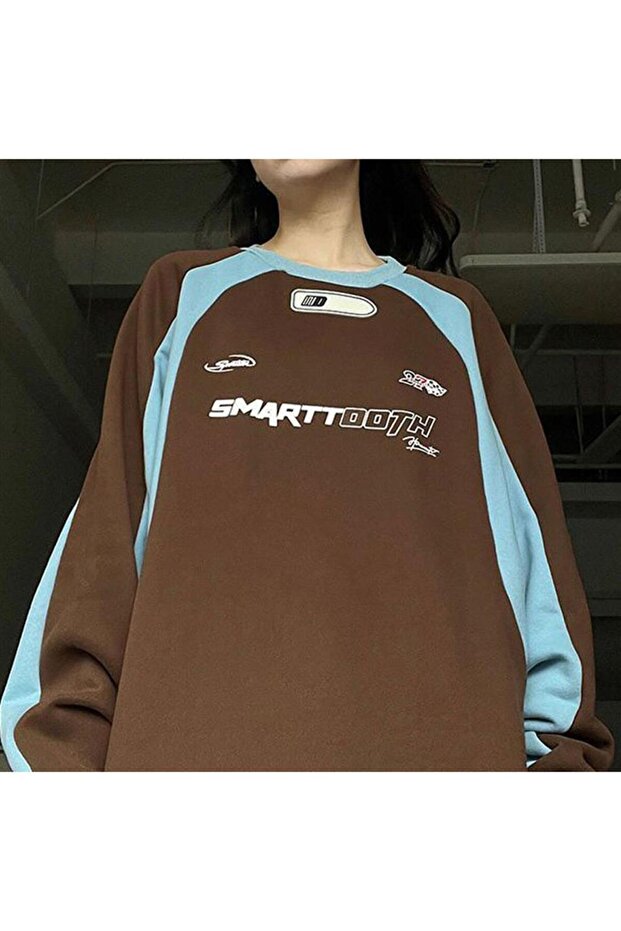 Y2K Streetwear Smarttooth Printed Brown Unisex Oversize Crew Neck Sweatshirt