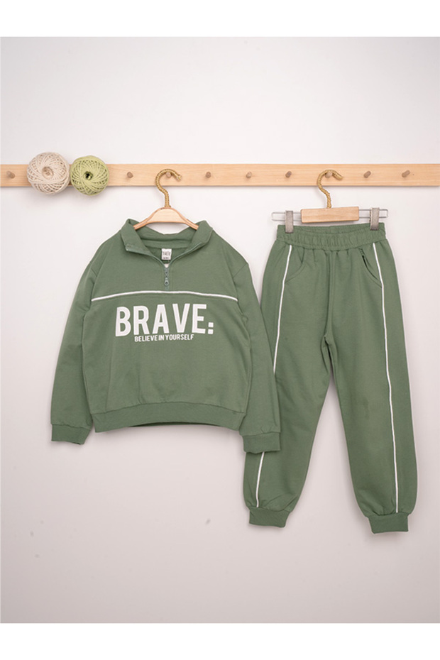 Boy's Cotton Brave Written Long Sleeve Zippered Tracksuit Set