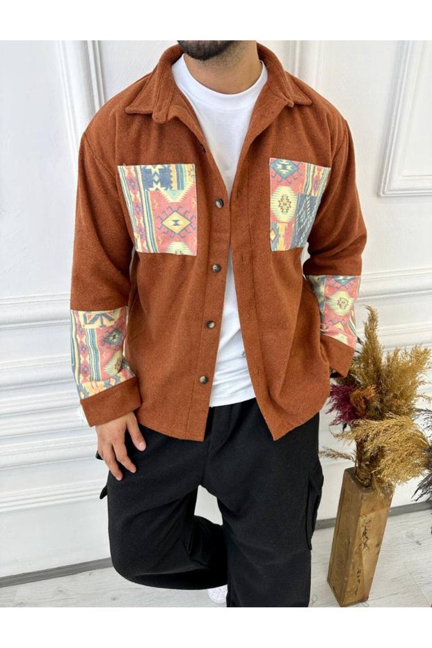 Stamp Shirt Oversize Shirt Pocket Ethnic Pocket Detailed Casual Stamp Thick Jacket Shirt