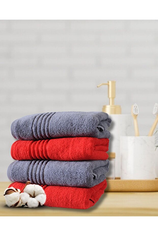 (4 Pieces) Hand and Face Towel 50x90 cm 100% Cotton Soft Towel Red Gray