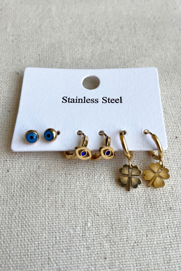 Caprea Steel Evil Eye Clover Eyed Multiple Earrings for Women Gold Color Tarnish Earrings