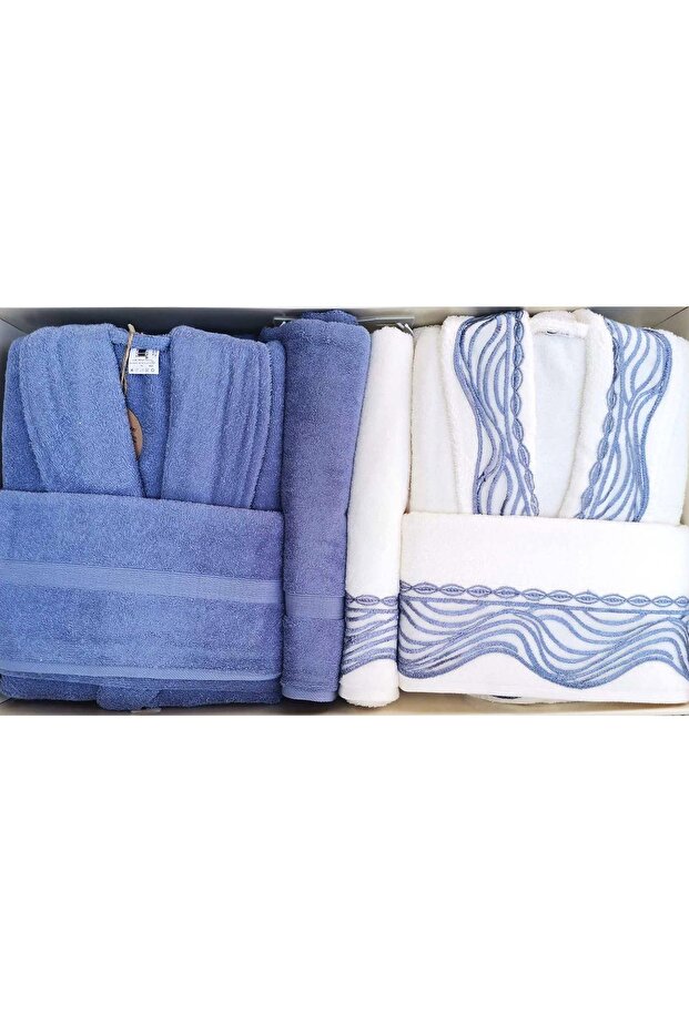 Helezon Family Bathrobe Set Indigo-Cream/Indigo