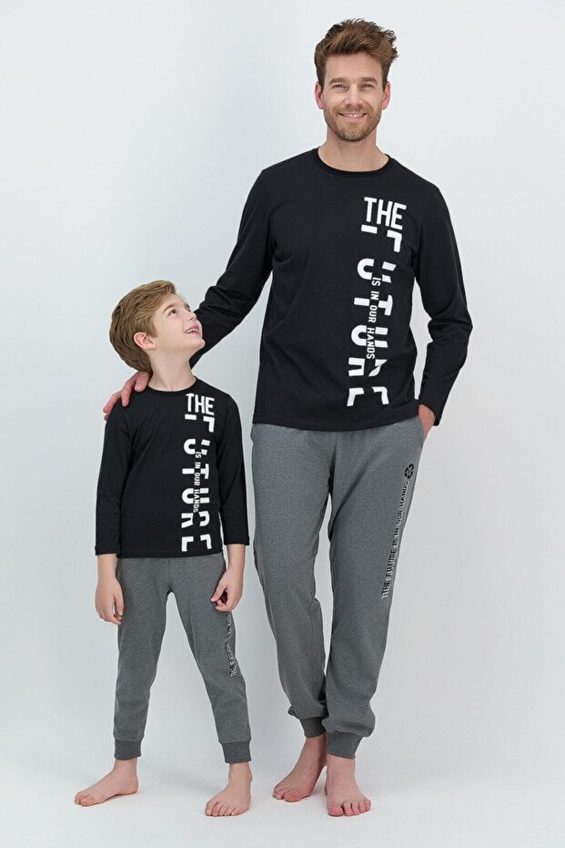 Men's Long Sleeve Written Pajama Set Father Son Combination