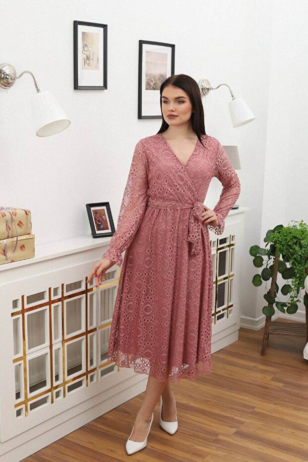 Kadın Bağlama Detaylı Dantel Elbise Rssn619 - Gül Kurusu - 4